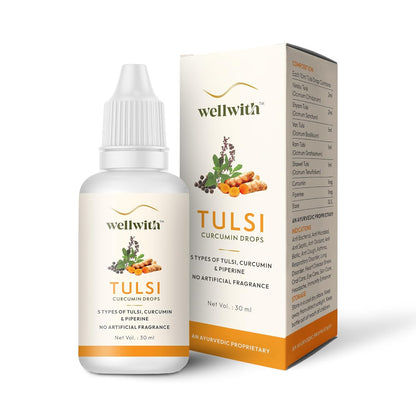 Wellwith Tulsi Curcumin Drops, 5 Types of Tulsi, Curcumin & Piperine, Rich in Vitamin C, No Artificial Fragnance (30ml, Pack of 1)