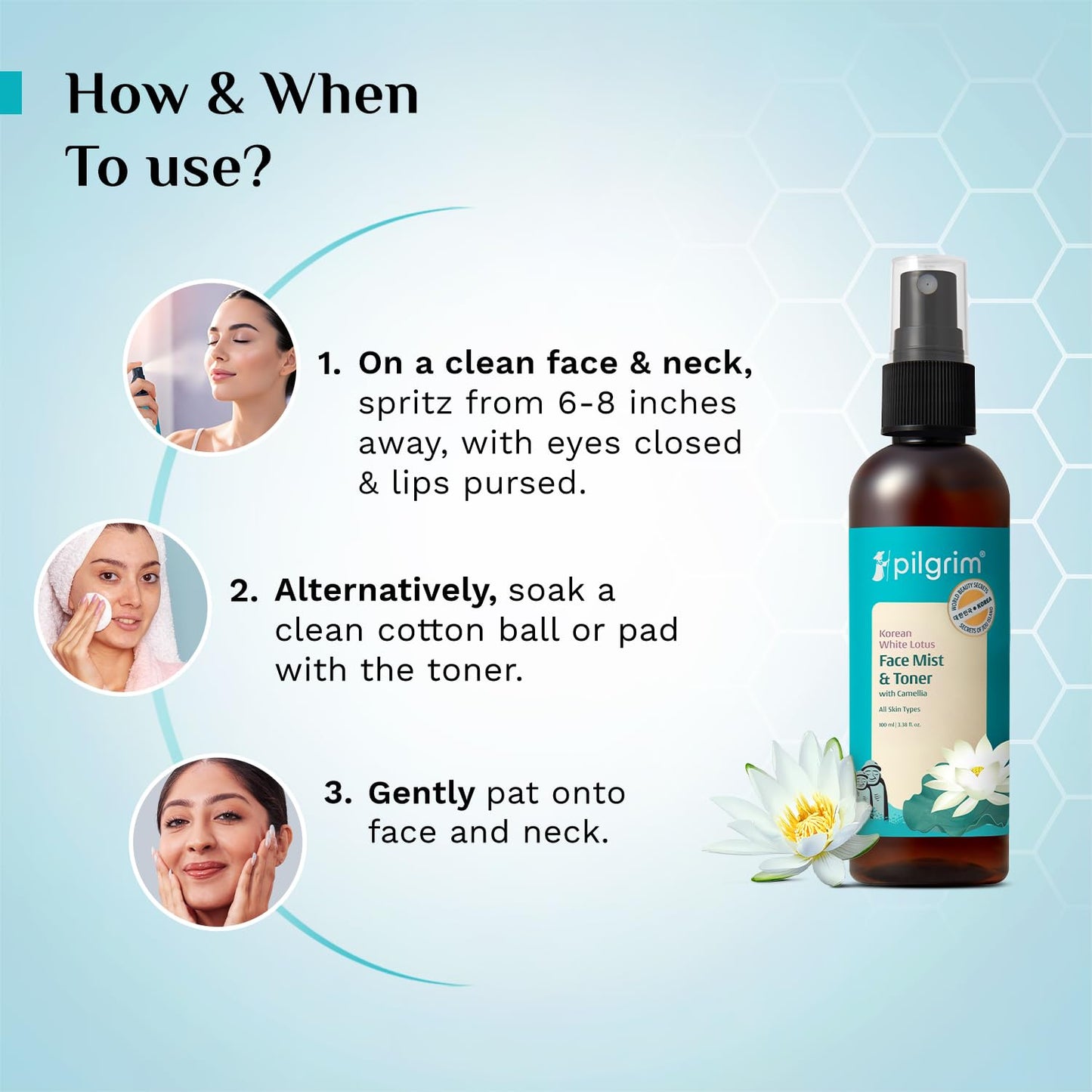 Pilgrim Korean Beauty White Lotus Refreshing Face Mist & Toner | Toner for glowing skin | Alcohol-Free Mist & toner for open pores Tightening | Korean skin care products | Women & Men | 100 ml