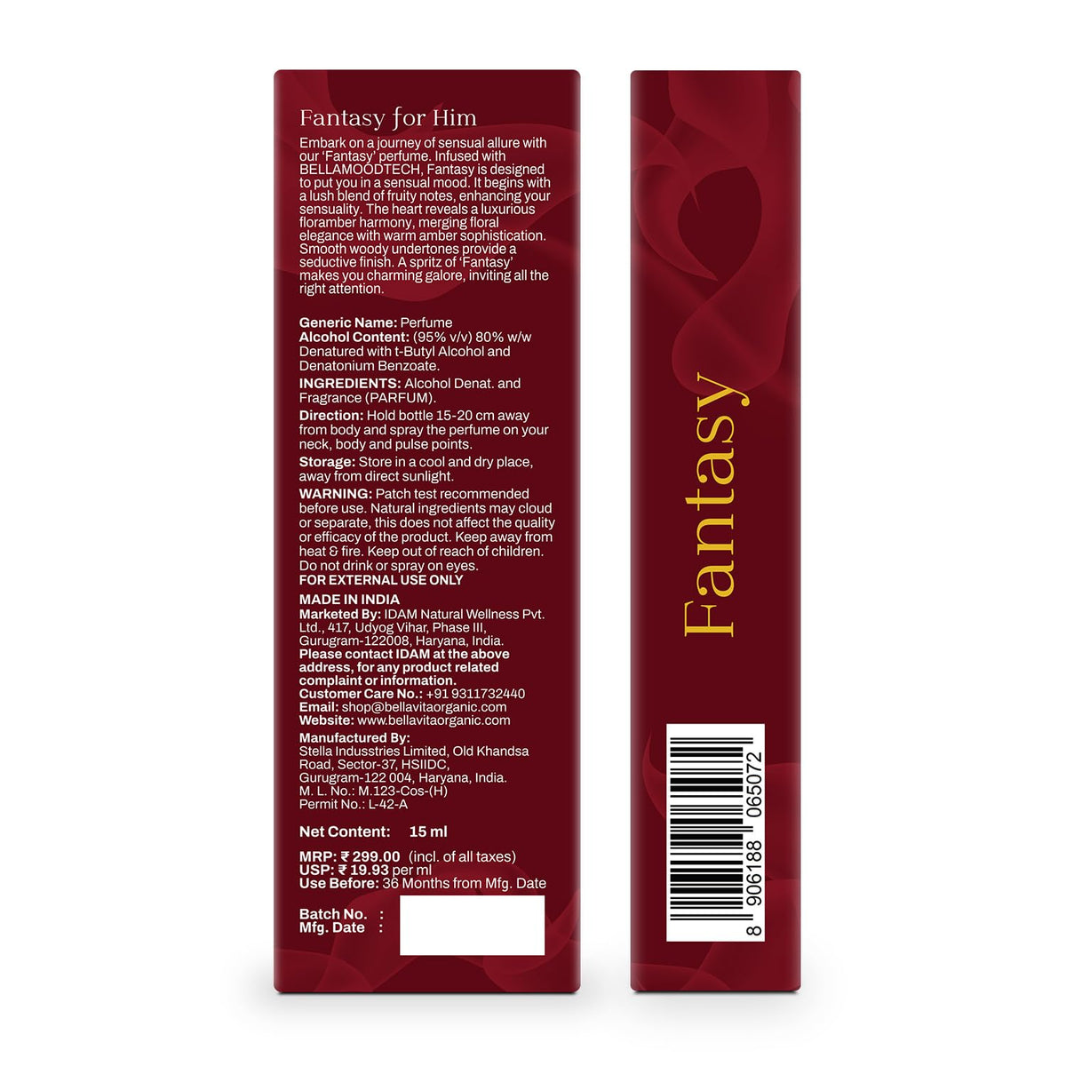 Red perfume bottle packaging with 'Fantasy' branding on a white background