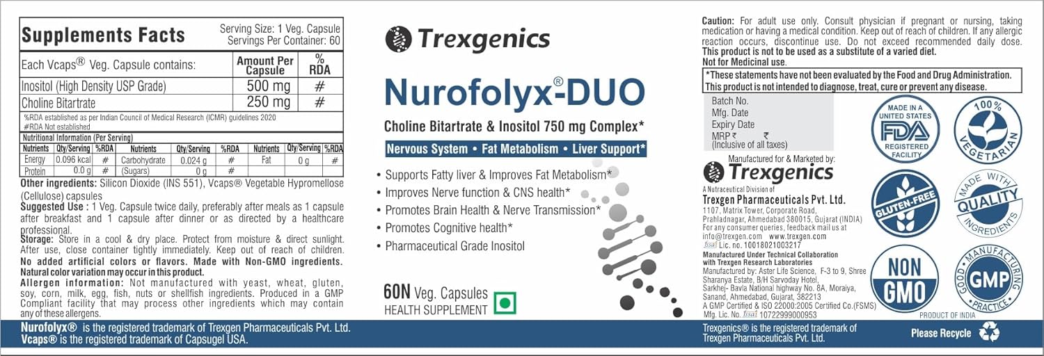 Trexgenics Nurofolyx-DUO supplement label with product details and branding.