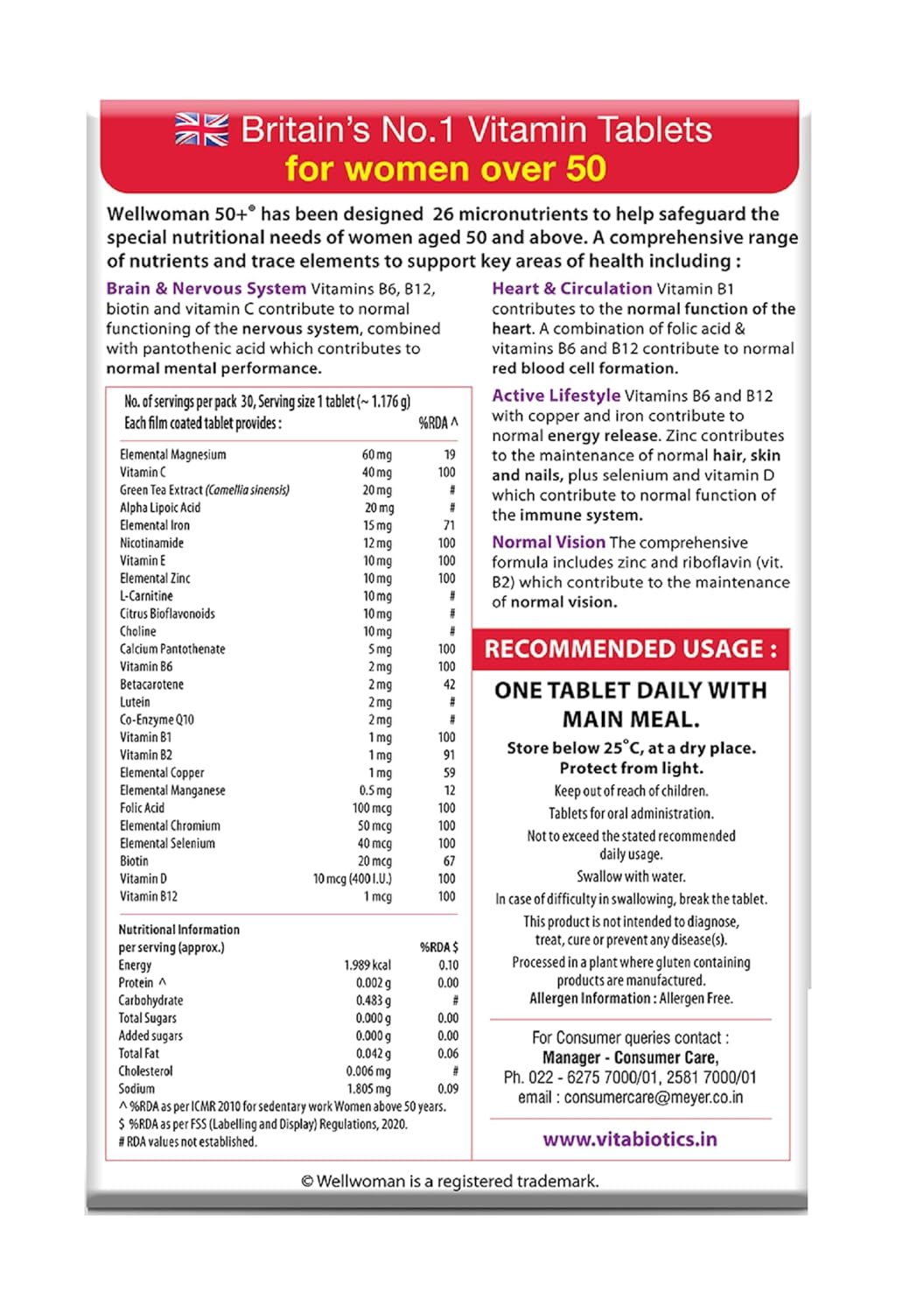 Wellwoman 50+ multivitamins for women over age 50 years with Vitamins,Iron,calcium,amino acids to support menopausal symptoms,maintain energy,Vision & Heart health| Vegetarian 30 Tablets, 20 grams