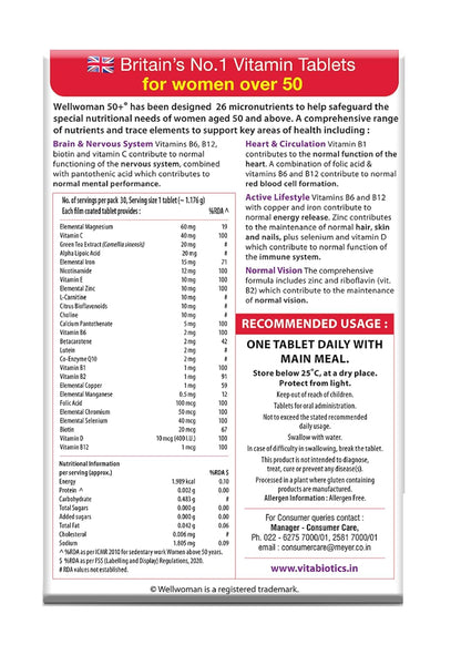Wellwoman 50+ multivitamins for women over age 50 years with Vitamins,Iron,calcium,amino acids to support menopausal symptoms,maintain energy,Vision & Heart health| Vegetarian 30 Tablets, 20 grams