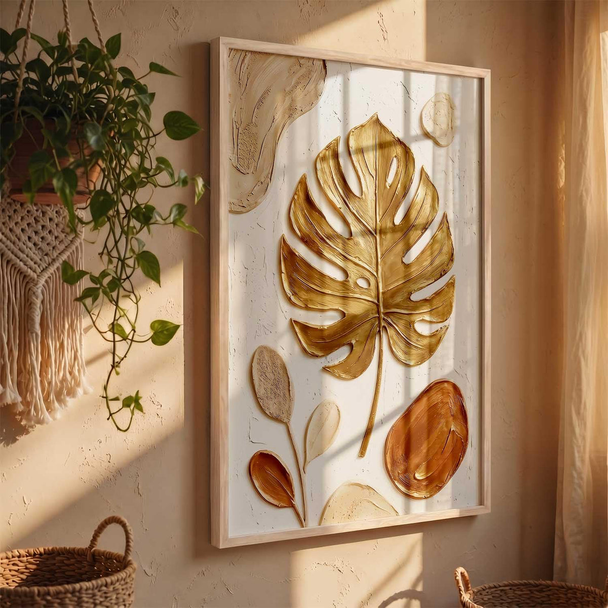 Golden Leaf Wall Art Home Decoration | Aesthetic Floral Paintings With Frame For Living Room Bed Room Hotel Wall Decor Digital Reprint (19x25 inch)