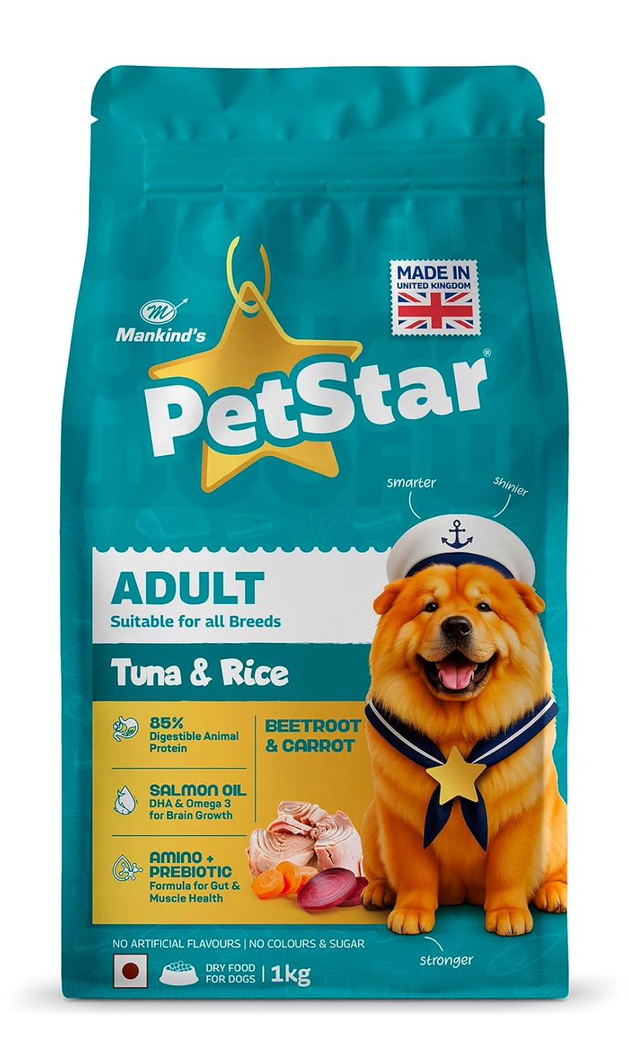 Petstar Adult Dry Dog Food 1 kg, Tuna & Rice Formula, High Protein, Easy Digestion, Immunity Support, No Artificial Flavours or Added Sugar