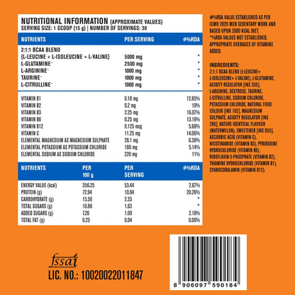 FAST&UP BCAA Watermelon Flavour Advanced BCAA Supplement with Glutamine, Citrulline, L-Arginine & Taurine - Pre/Post Workout & Intra Workout Supplement Powder for Adults(450gm, 30 Servings)