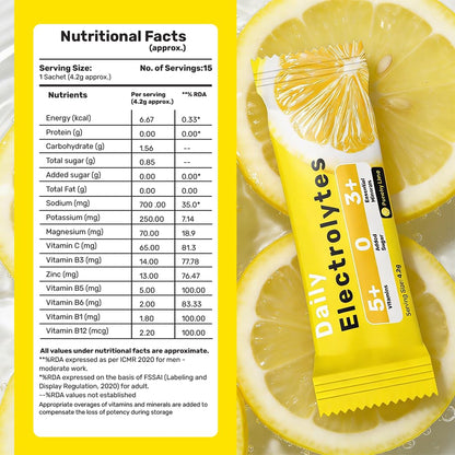 What's Up Wellness Daily Electrolytes Powder - Punchy Lime Flavour | Zero Added Sugar | Instant Hydration - Sodium, Potassium, Magnesium & Zinc | Vegan | 15 Sachets