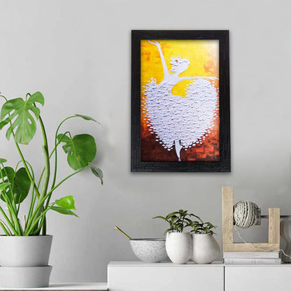 Abstract Art Wooden Dancing Girl Framed Painting | Ready to Hang- (Wooden Frame, Multicolor, 10inch x 14 inch)