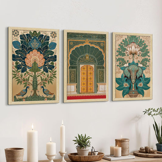 Madhubani Art Paintings with Frame for Home Decor, Wall Painting for Living Room, Multicolor, Natural Wood Color Frames, Set of 3