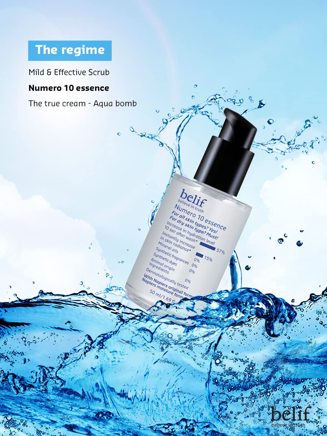Belif Numero 10 essence bottle with water splash on a blue background
