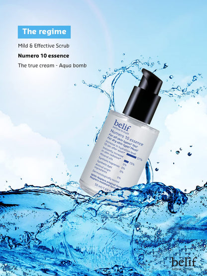 Belif Numero 10 essence bottle with water splash on a blue background