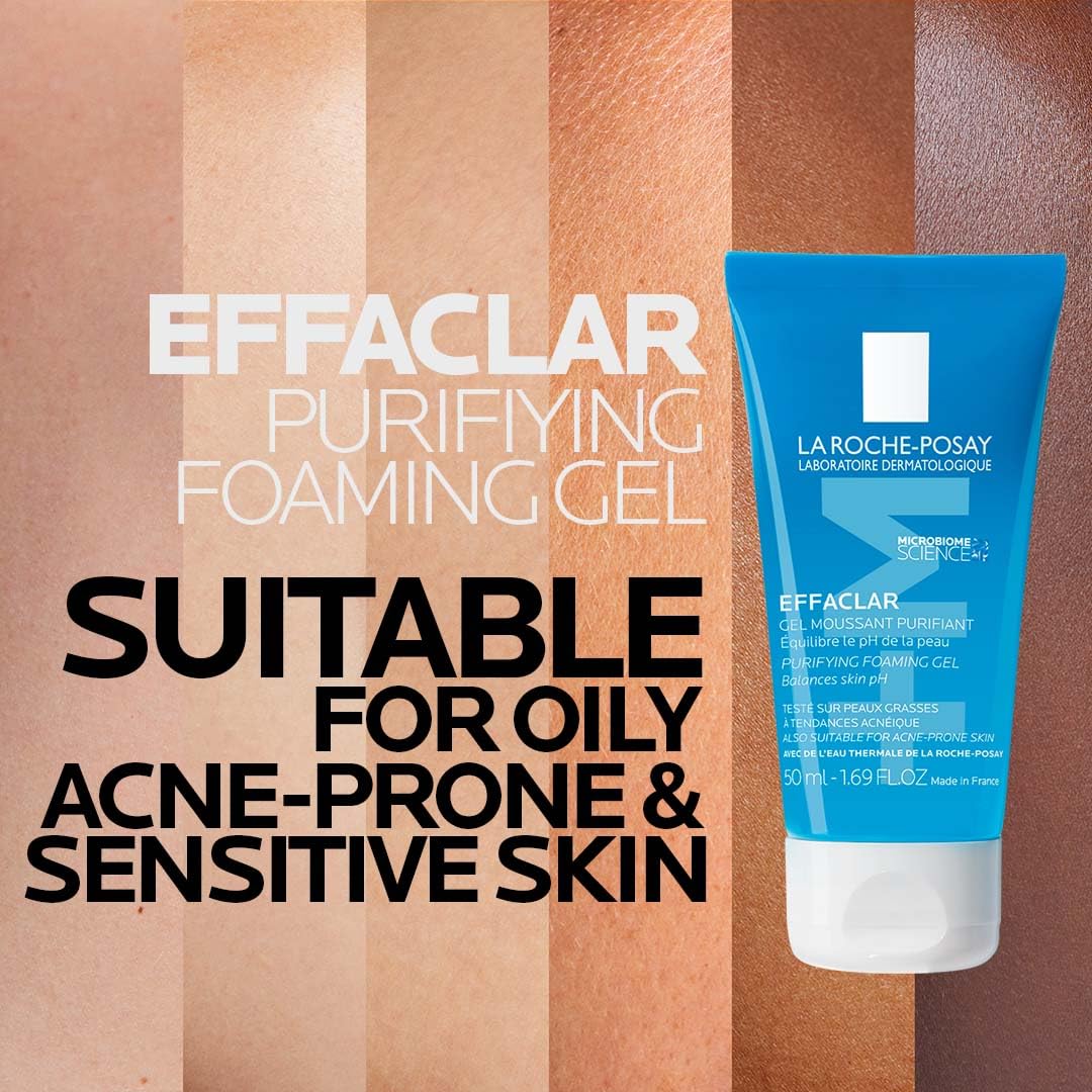 La Roche-Posay Effaclar Purifying Foaming Gel tube on a striped background