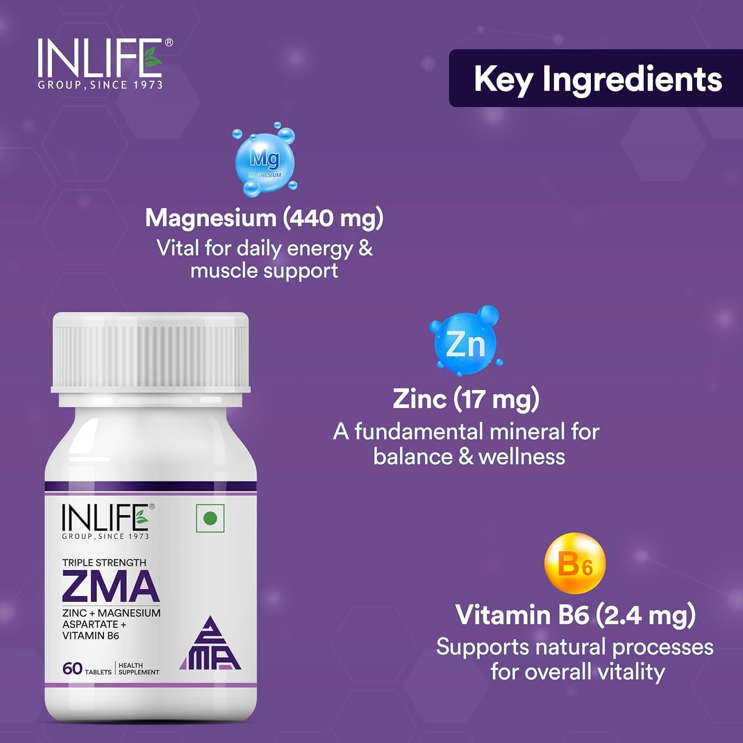 INLIFE ZMA (Zinc Magnesium Aspartate & Vitamin B6) For Men And Women | For Muscle Strength, Recovery, Sleep, Immune Support - 60 Tablets (Pack of 1)