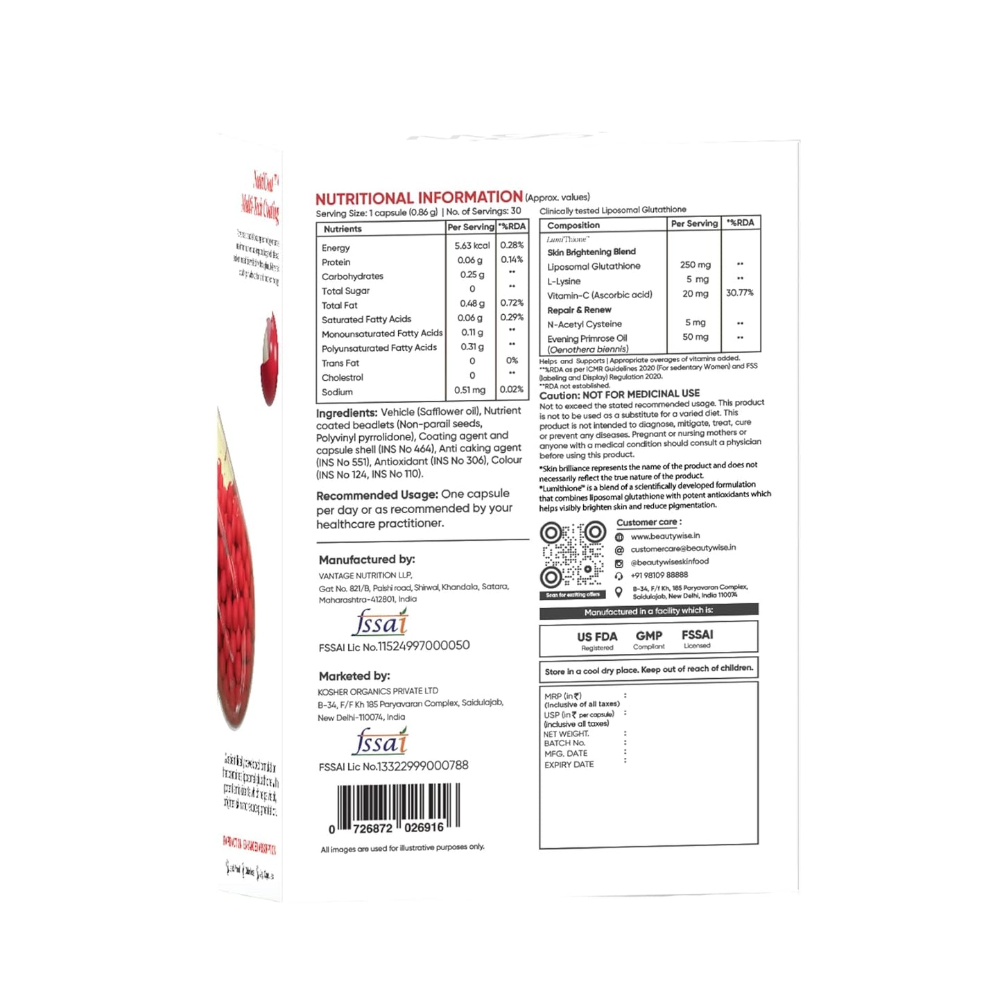 Beautywise Dual Action Skin Brilliance 4X Liposomal Glutathione With Nac|Dual Action 30 Capsules|L-Lysine,Grape Seed & Vitamin C |For Skin Brightening & Glow|(Pack of 1)