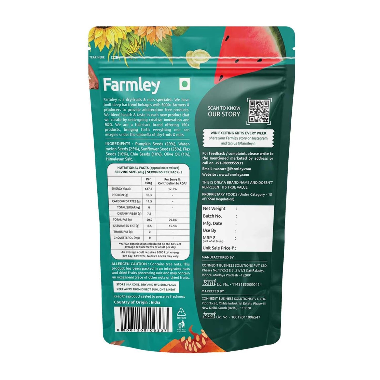 Farmley Seeds Mix, Edible Seed I Healthy Diet Snacks | 100% Natural, dietary fiber,omega-3s I Chia, Pumpkin,Flax, Watermelon and Sunflower Seeds (160 g (Pack of 1))