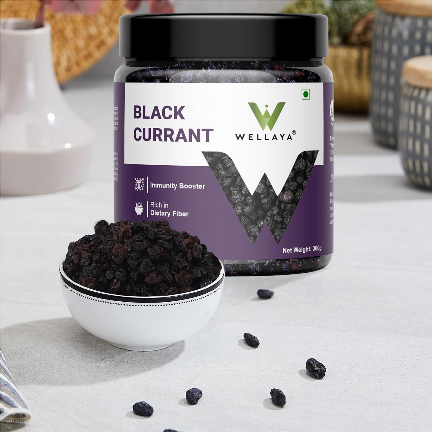 WELLAYA Premium Dried Black Currant - 300gm | Healthy & Tasty Whole Black Current | Rich In Vitamin K, High in Nutrients & Antioxidants | Delicious & Healthy Snack | Gluten-Free Snacking