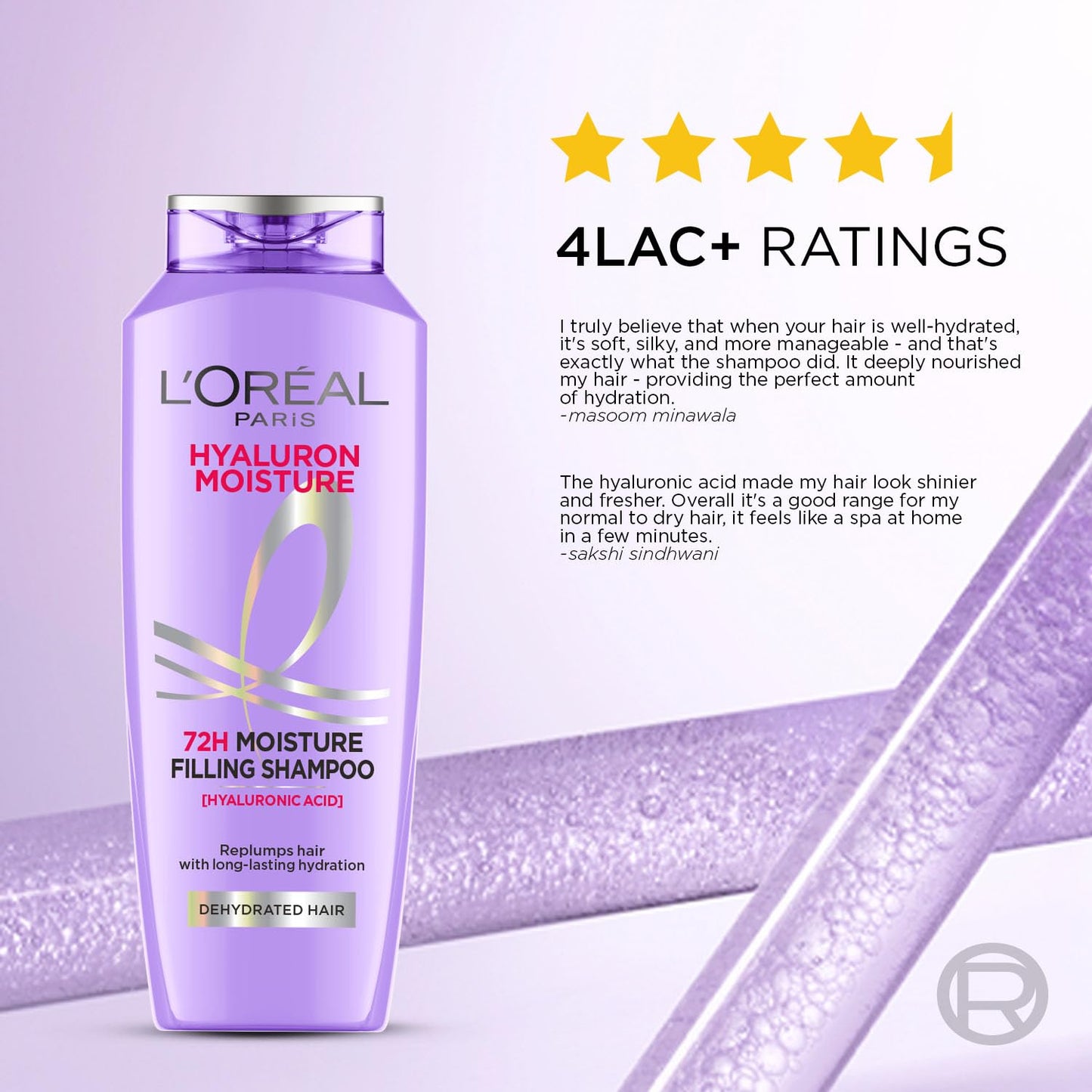 L Oréal Paris Moisture Filling Shampoo, With Hyaluronic Acid, For Dry & Dehydrated Hair, Adds Shine & Bounce, Hyaluron Moisture 72H, 340Ml.