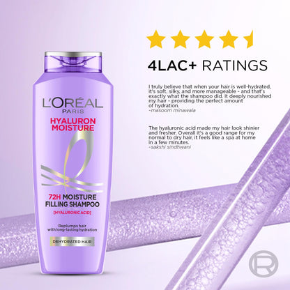 L Oréal Paris Moisture Filling Shampoo, With Hyaluronic Acid, For Dry & Dehydrated Hair, Adds Shine & Bounce, Hyaluron Moisture 72H, 340Ml.