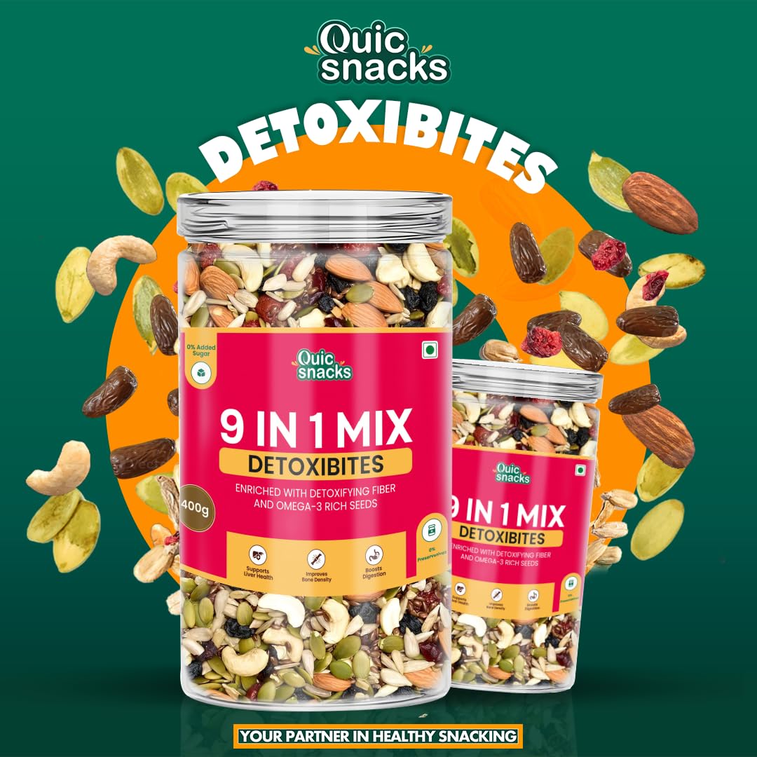 QuicSnacks 9 in 1 Mix Detoxibites Seeds | Nuts and Seed Mixes | Mixed Dry Fruits for Eating | Crunchy and Flavorful Snack | Trail Mix | Rich in Omega-3 | Improve Heart Health and Circulation (9 in 1 Mix Detoxibites)