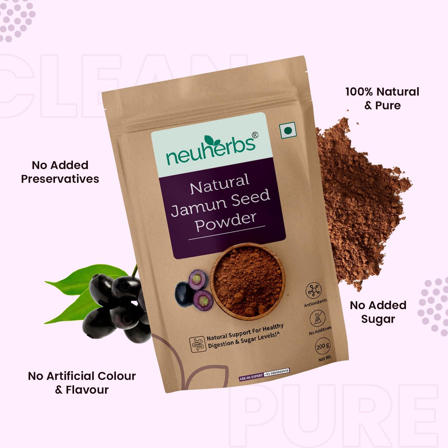 Neuherbs Natural Jamun Seed Powder - 200g For Diabetes | Supports Healthy Digestion & Sugar Levels | Rich in Vitamin C, Iron, Magnesium & Fiber
