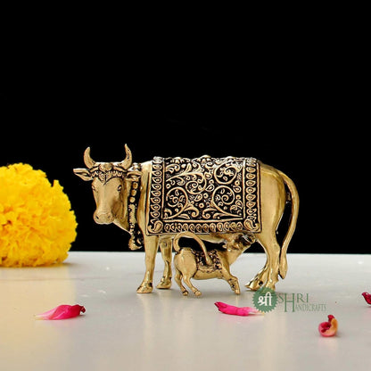 Handcrafted Brass Cow with Calf for Good Luck | 2" Kamdhenu Gau MATA Idol Spiritual Vastu Nandi Pooja Figurine Sculpture for Home and Office (Weight- 70gm)