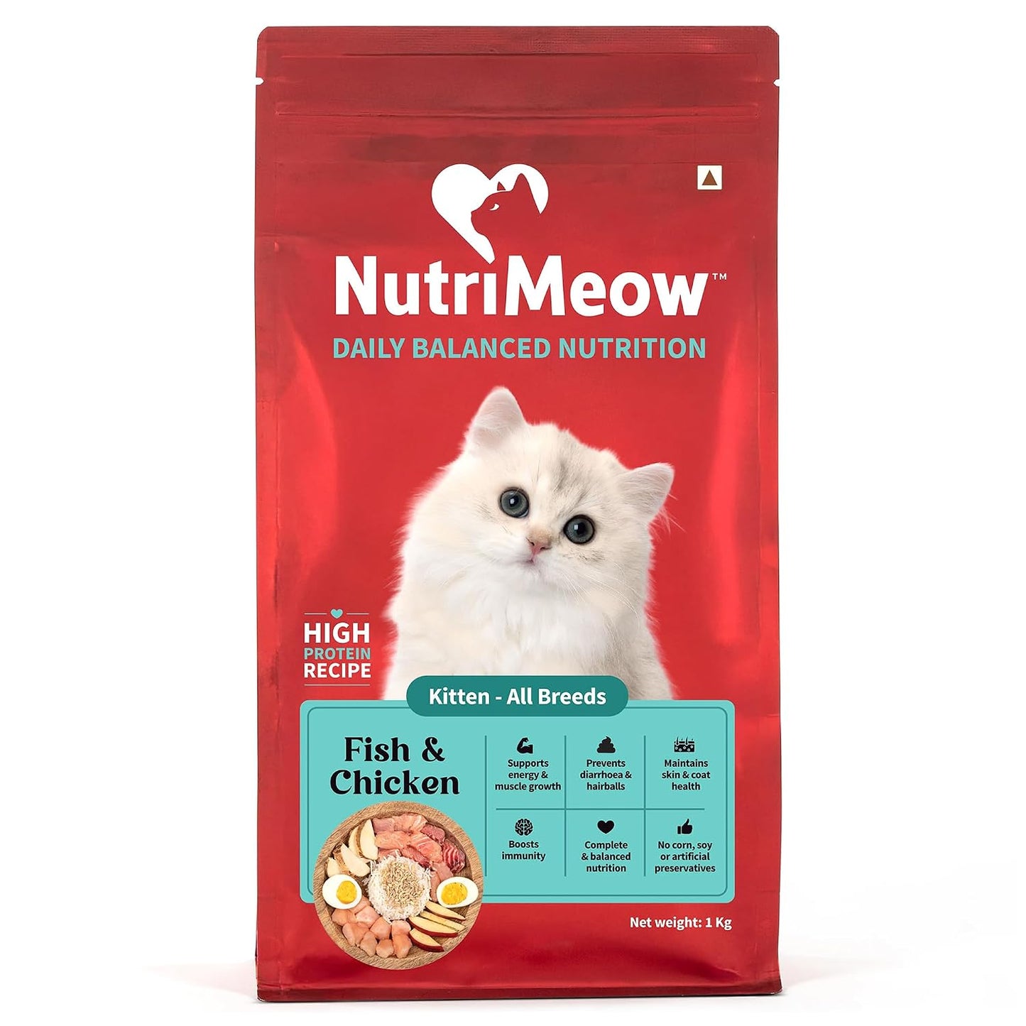 NutriMeow Kitten Dry Food with Fish & Chicken - 1 kg | Complete Growth Formula for All Breeds | Rich Protein, Essential Vitamins, Mineral Support | Complete Meal for All Breeds
