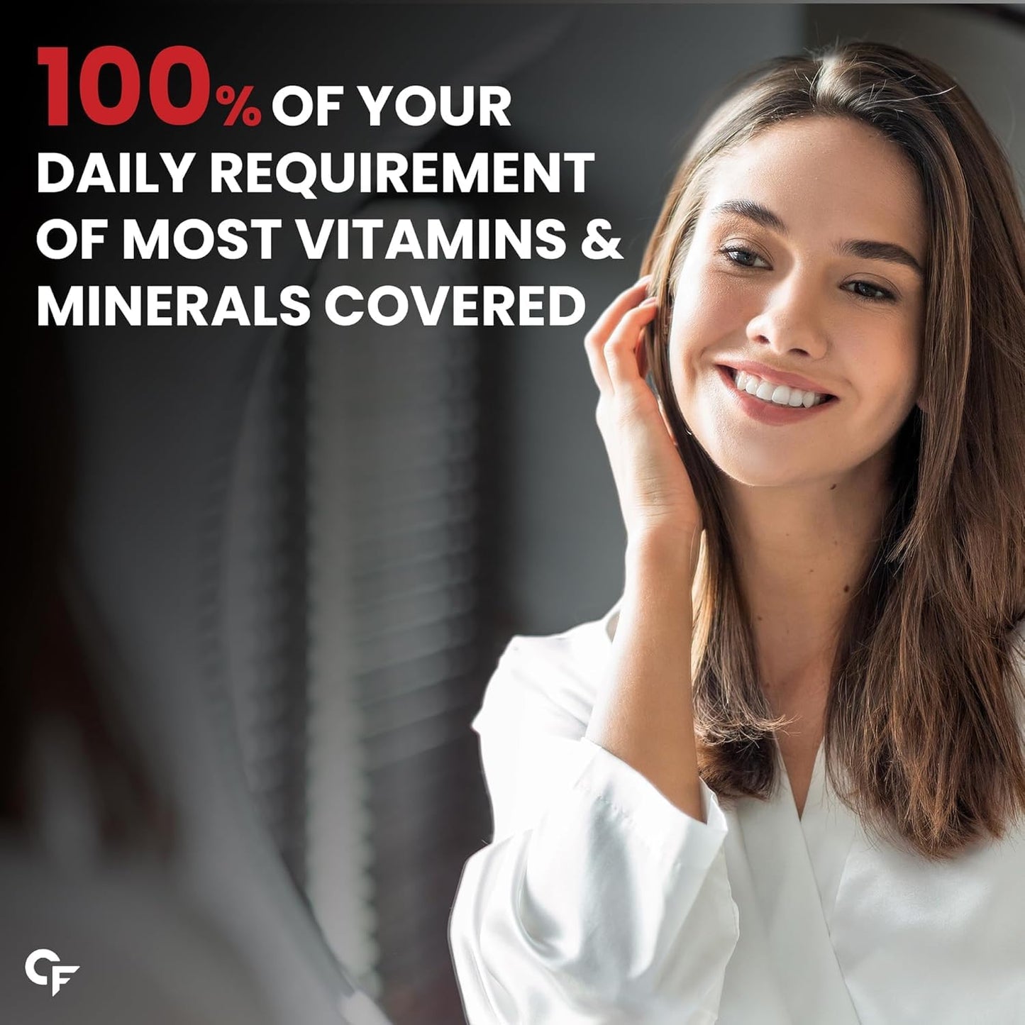 Woman with a smile, text about vitamins and minerals, and a brand logo.
