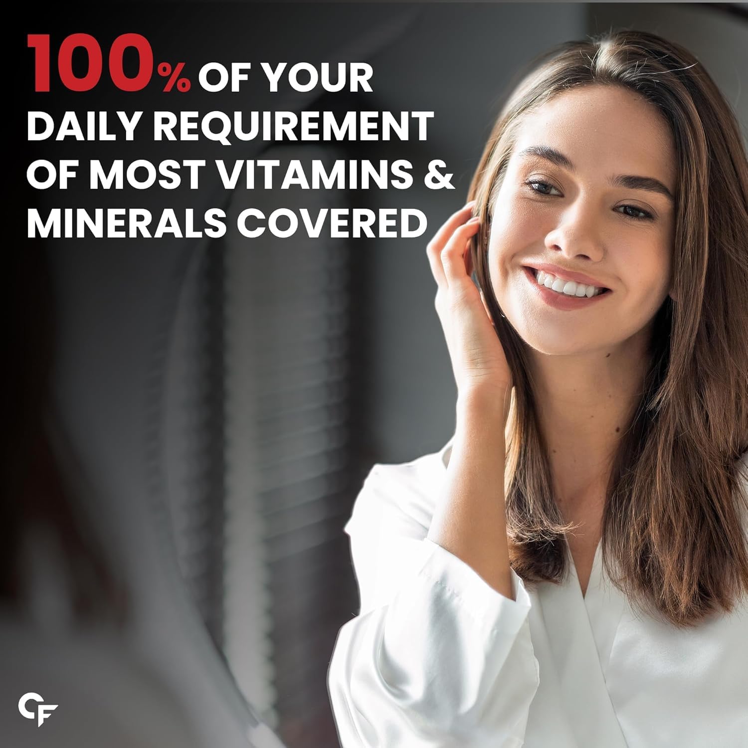 Woman with a smile, text about vitamins and minerals, and a brand logo.