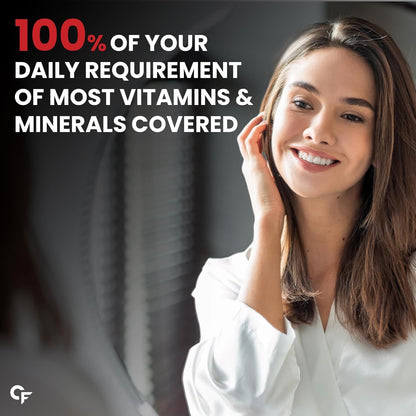 Woman with a smile, text about vitamins and minerals, and a brand logo.
