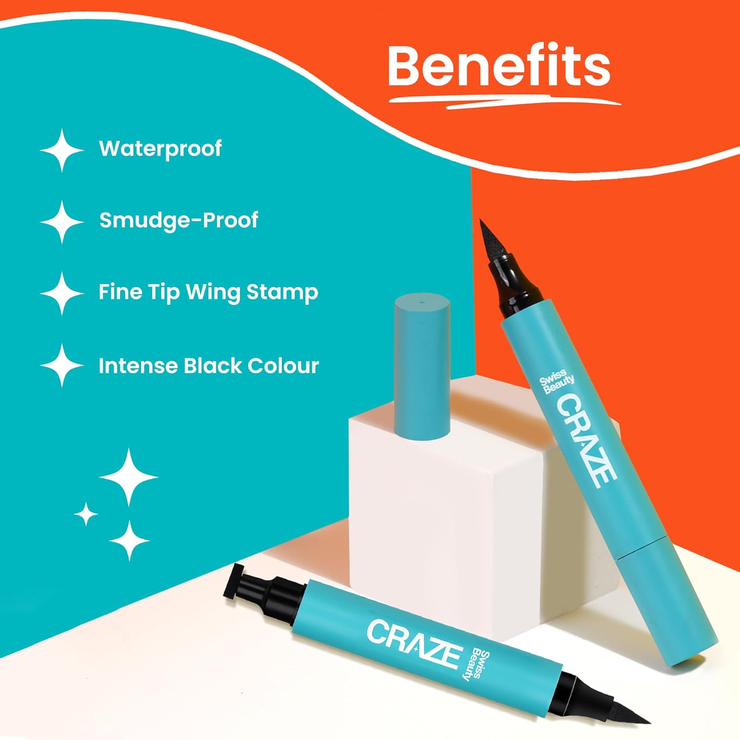 Craze makeup product with benefits listed on a colorful background