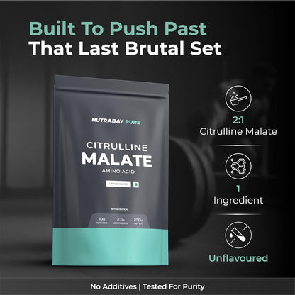NUTRABAY PURE Citrulline Malate supplement package with product details on a dark background