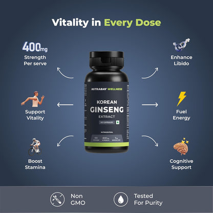 Korean Ginseng extract supplement bottle with benefits on a dark blue background