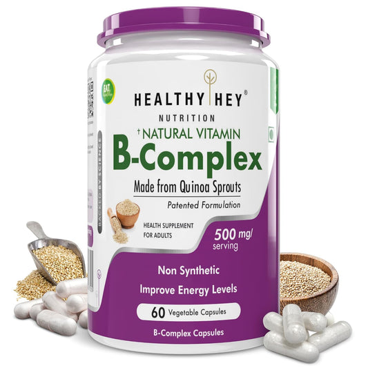 Healthy Hey Nutrition B-Complex supplement bottle with ingredients on a white background