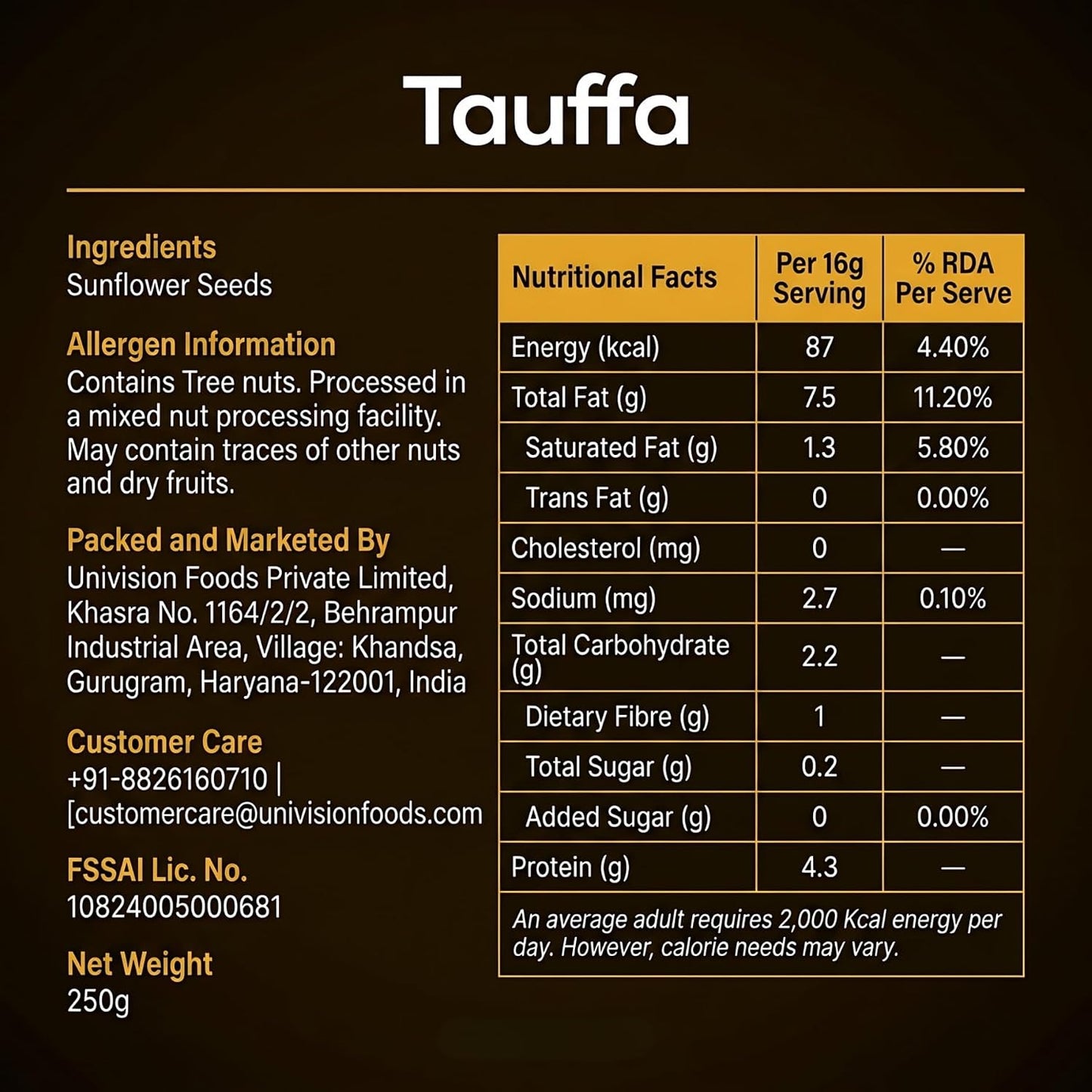 Tauffa Sunflower Seeds 250g | Roasted Healthy Snack | High Protein & Fiber Seeds | Gluten Free Superfood | Ready-to-Eat for Fitness, Diet & Everyday Snacking