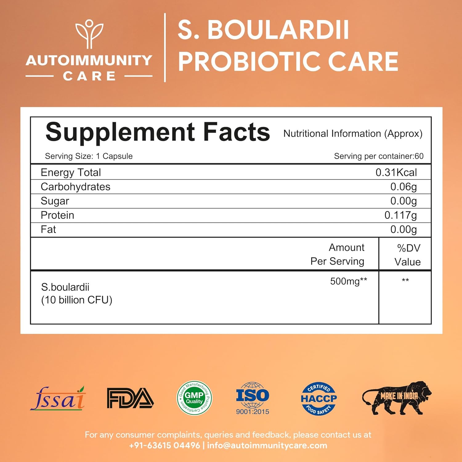 Supplement facts label for S. Boulardii Probiotic Care on a branded background