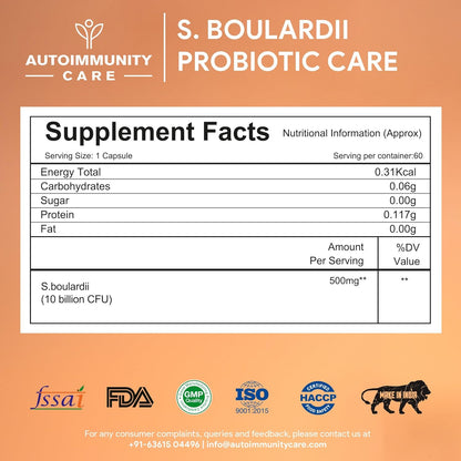 Supplement facts label for S. Boulardii Probiotic Care on a branded background