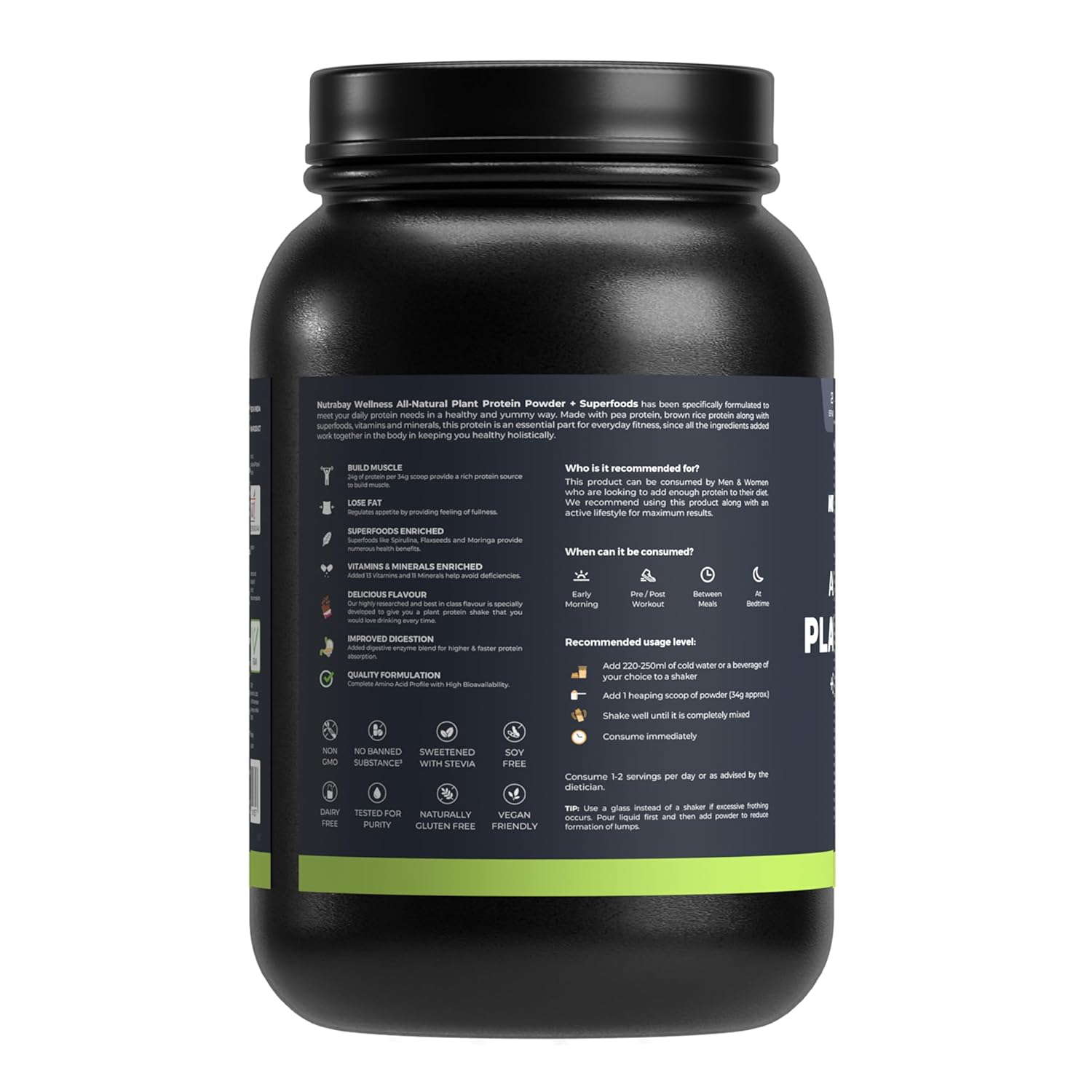 Black protein powder container with a detailed label on a white background