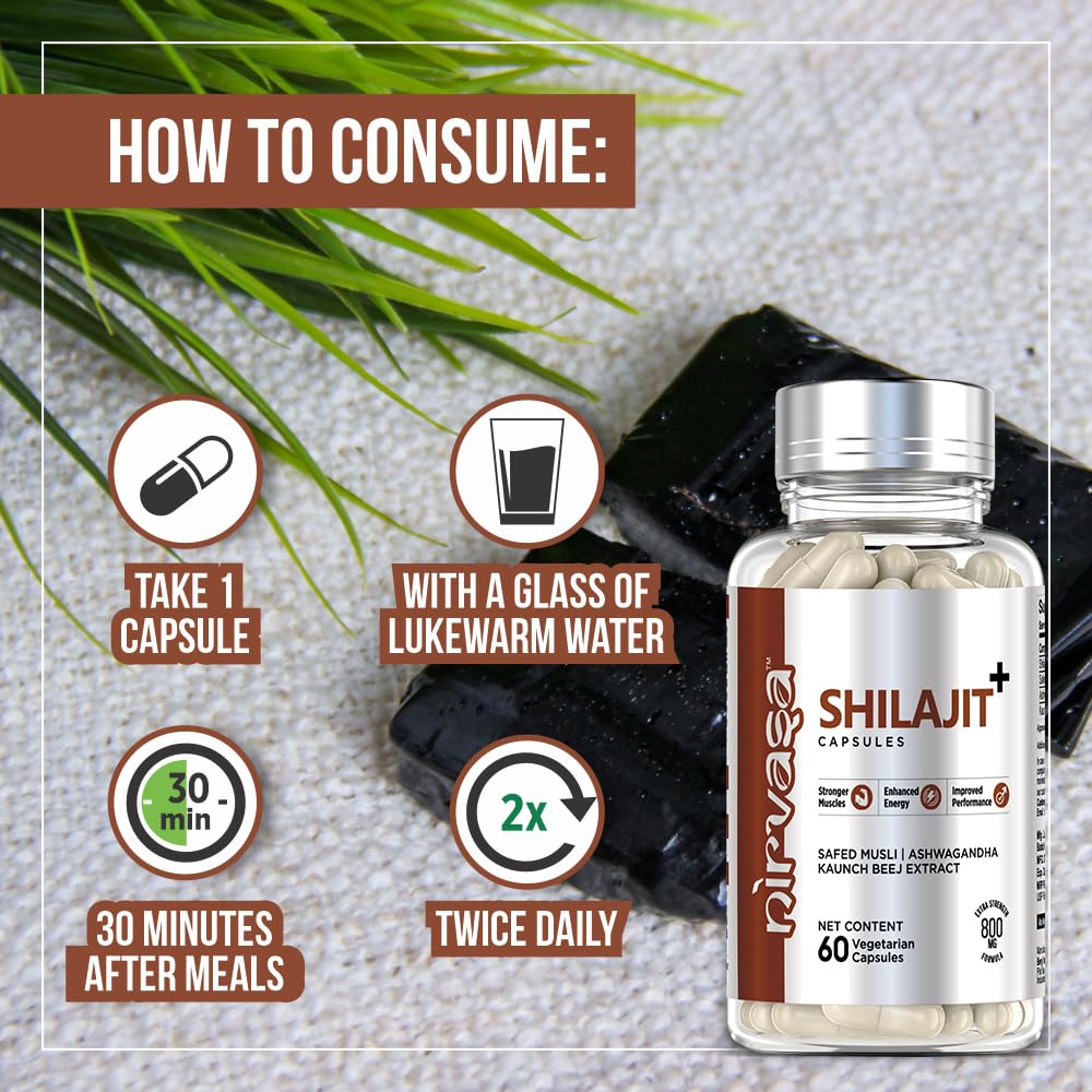 Nirvasa Pure Shilajit/Shilajeet (800mg) 60 Capsules | Boost Strength, Stamina, Energy & Immunity | Supports Vitality, Performance & Muscle Growth | Ashwagandha, Safed Musli & Kaunch Beej