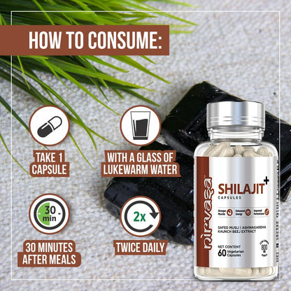 Nirvasa Pure Shilajit/Shilajeet (800mg) 60 Capsules | Boost Strength, Stamina, Energy & Immunity | Supports Vitality, Performance & Muscle Growth | Ashwagandha, Safed Musli & Kaunch Beej