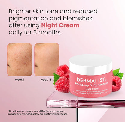 Dermalist Raspberry Night Cream with before and after skin comparison on a pink background