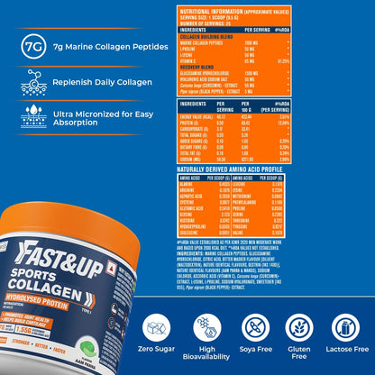 Fast&Up Sports Collagen supplement packaging with nutritional information and product details on a blue background.