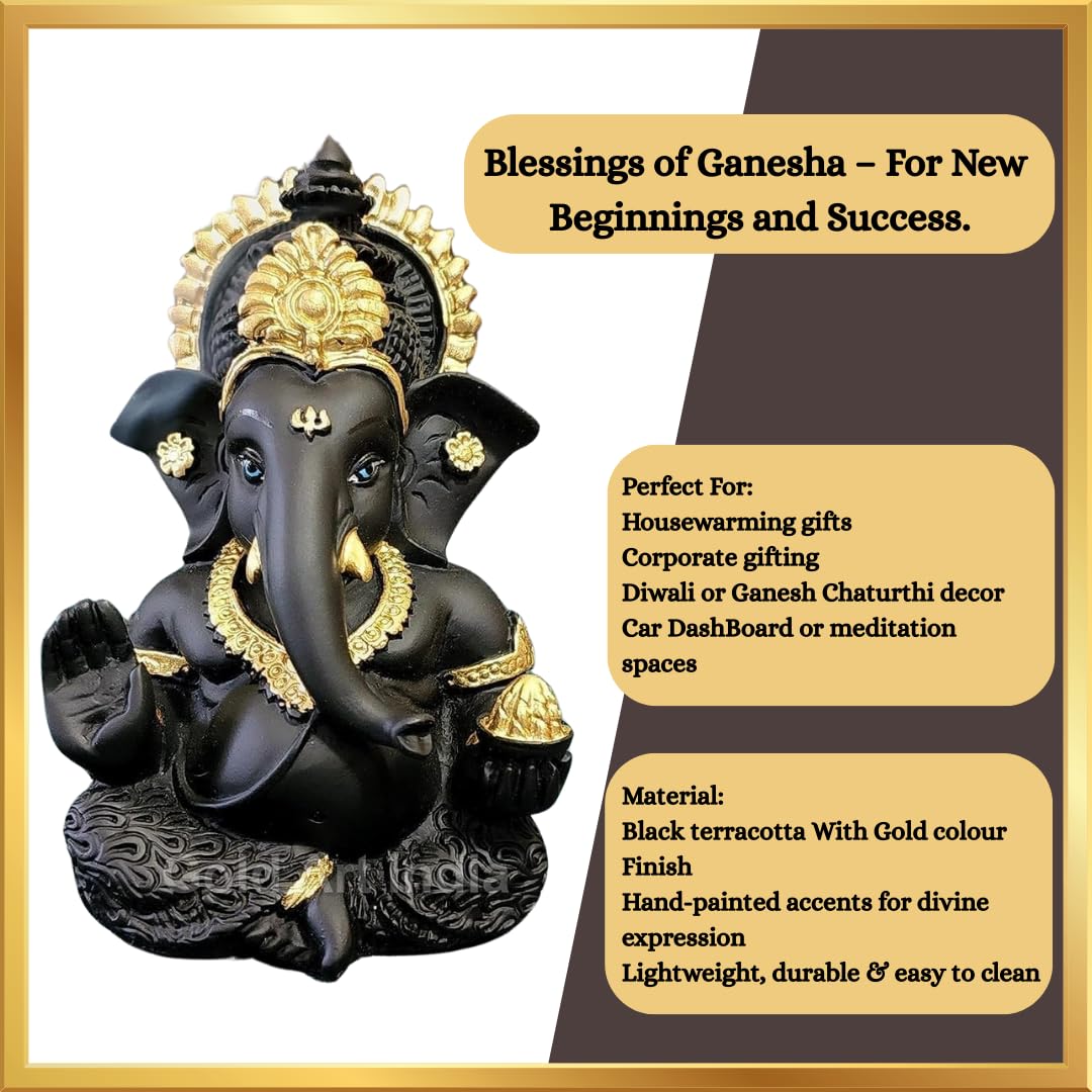 Gold Art India Terracotta Black Ganesh Idol for Car Dashboard Small Ganesha Murti Ganpati Idol for Home Decor Puja Lord Ganesh Statue Gift for Office Desk Puja Room Figurine 3.5 X 2 Inches, Idol