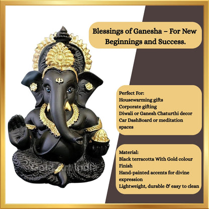 Gold Art India Terracotta Black Ganesh Idol for Car Dashboard Small Ganesha Murti Ganpati Idol for Home Decor Puja Lord Ganesh Statue Gift for Office Desk Puja Room Figurine 3.5 X 2 Inches, Idol