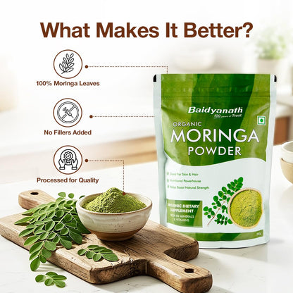 Baidyanath Ayurved Certified Organic Moringa Powder 200 gm | Pure Moringa (Drum Stick) Powder | Green Superfood for Energy, Immunity & Daily Wellness | Plant-Based Herbal Nutrition Supplement