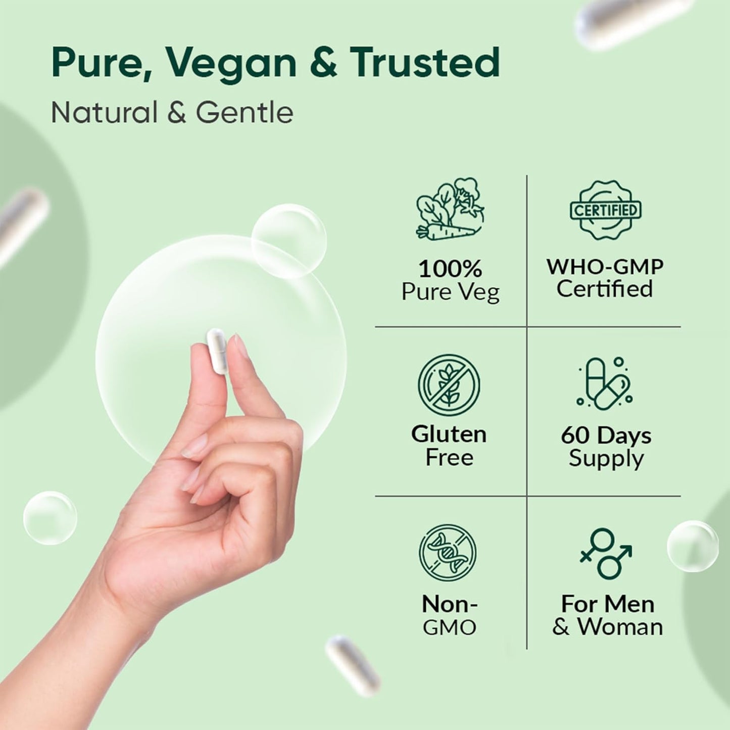 Product packaging with certification icons and a hand holding a product on a green background