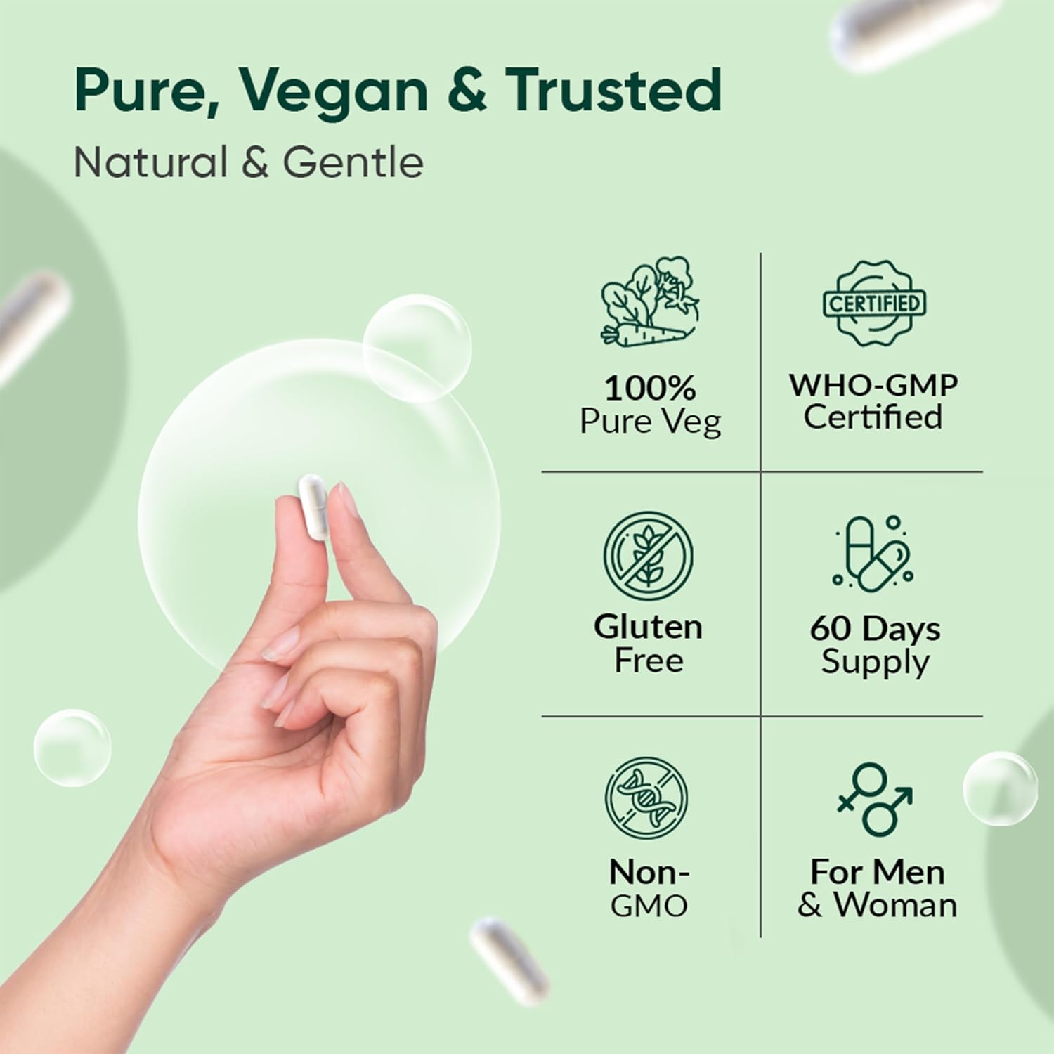 Product packaging with certification icons and a hand holding a product on a green background