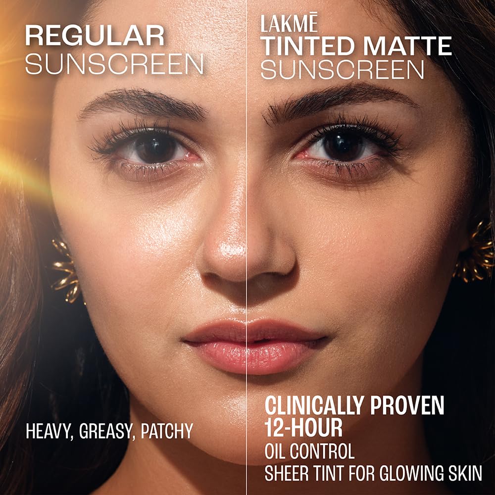 Comparison of regular sunscreen and Lakme Tinted Matte Sunscreen on a person's face.
