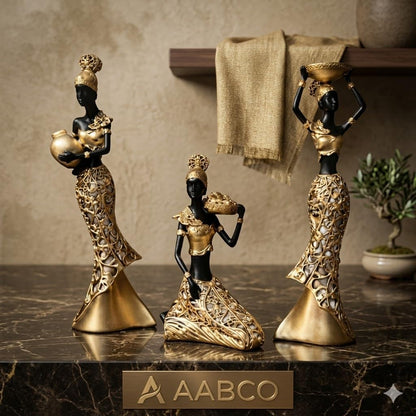 Vibrant Beautiful Finish Uniquely Hand Crafted Home Decor African Tribal Women Art Piece (African Lady Working Set of 3)