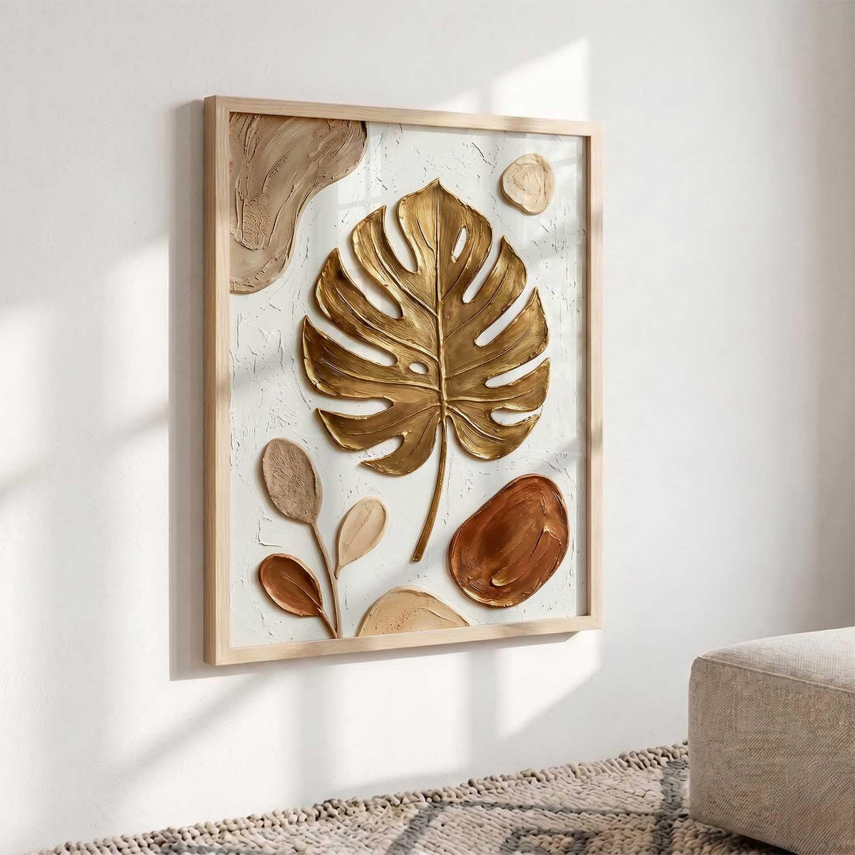 Golden Leaf Wall Art Home Decoration | Aesthetic Floral Paintings With Frame For Living Room Bed Room Hotel Wall Decor Digital Reprint (19x25 inch)