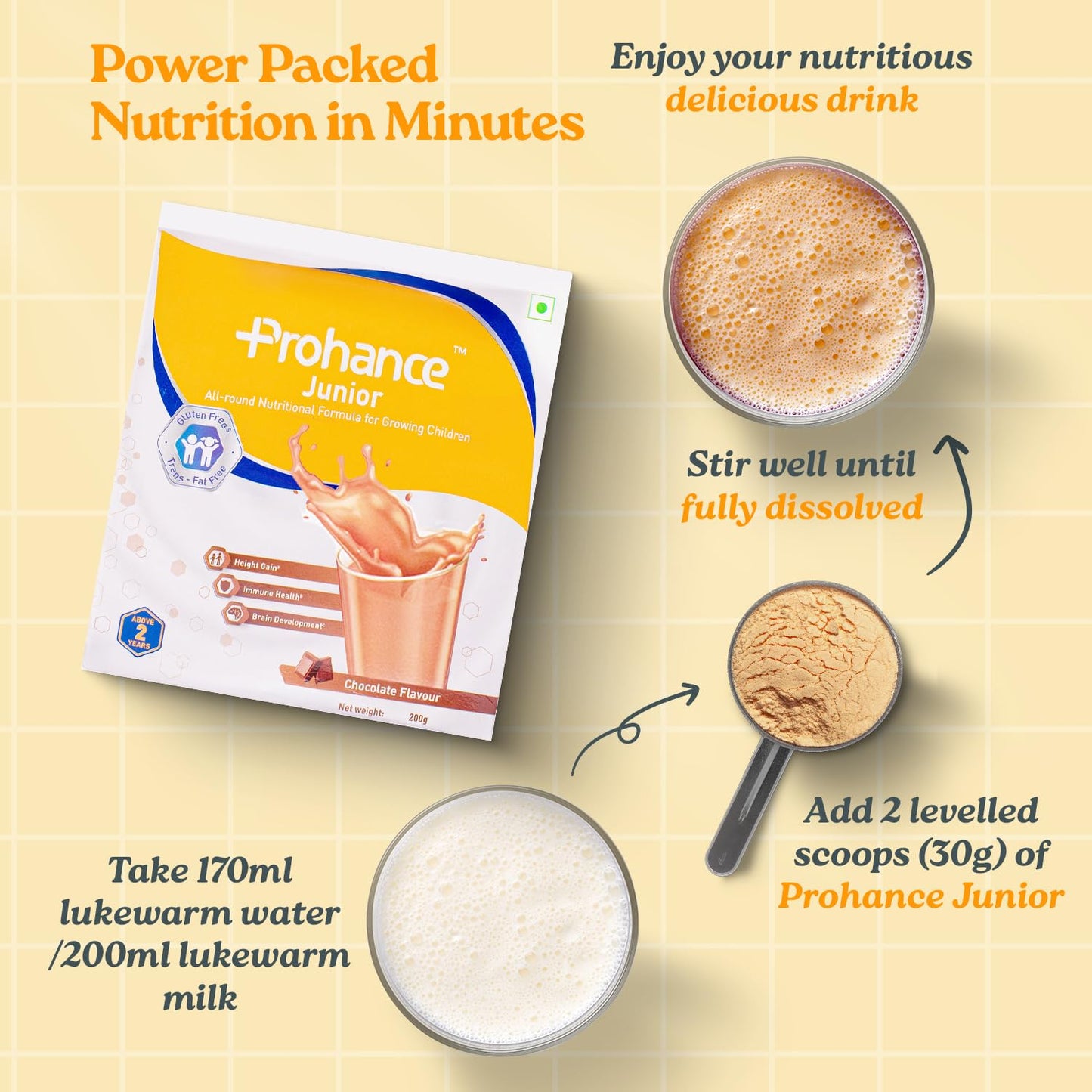 Prohance Junior All Round Nutritional Chocolate Drink for Kids - 200g | Supports Growth, Brain Development, & Immunity | Triple Protein Blend, DHA, 37 Vital Nutrients