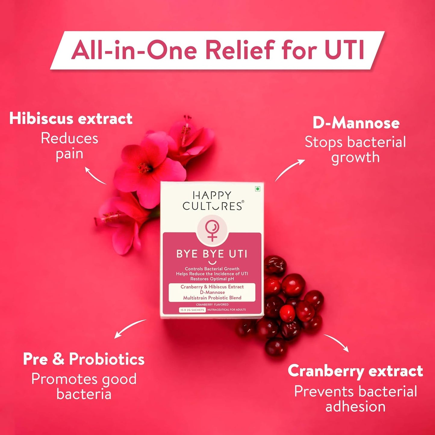 Happy Cultures Bye Bye UTI - Nutritional Supplement with D-Mannose, Cranberry Extract & Probiotics - Fast-Acting Relief & Prevention for UTI - 15 x 2g (Sachets)